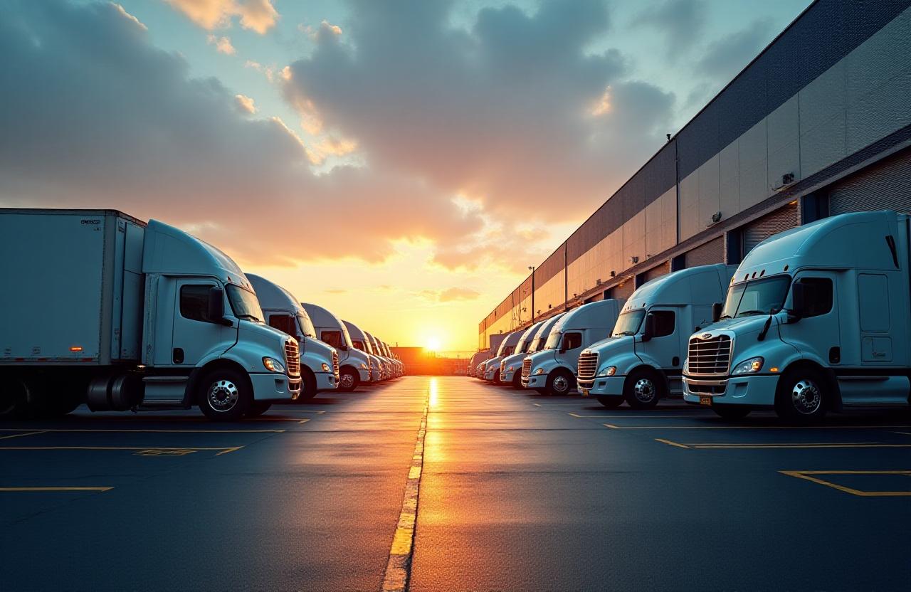 Modern logistics hub with fleet of trucks at sunset