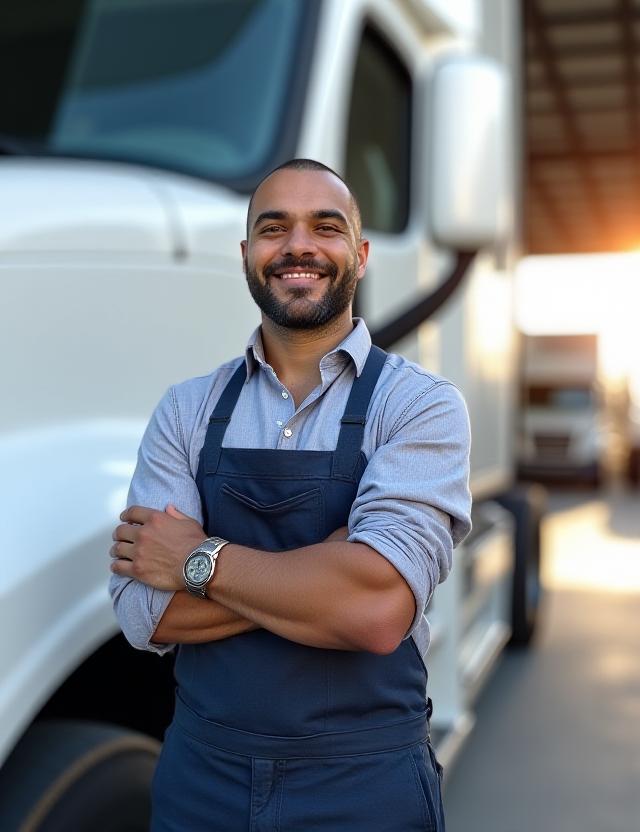 Professional truck driver with modern tractor unit